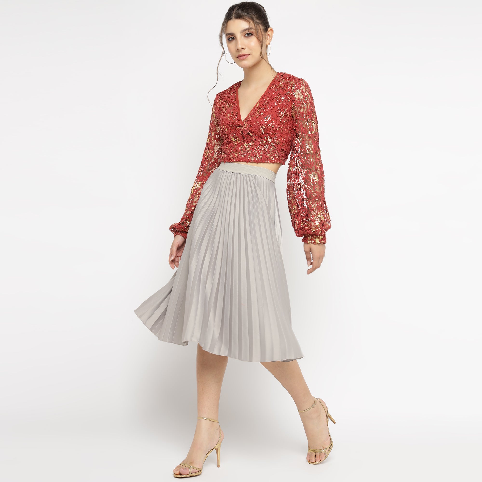 Red Foil print Lace Sheer Blouse